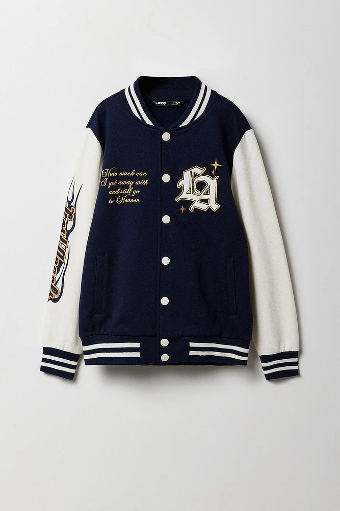 Kids Embroidered Graphic Fleece Varsity Jacket
