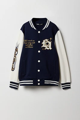 Kids Embroidered Graphic Fleece Varsity Jacket