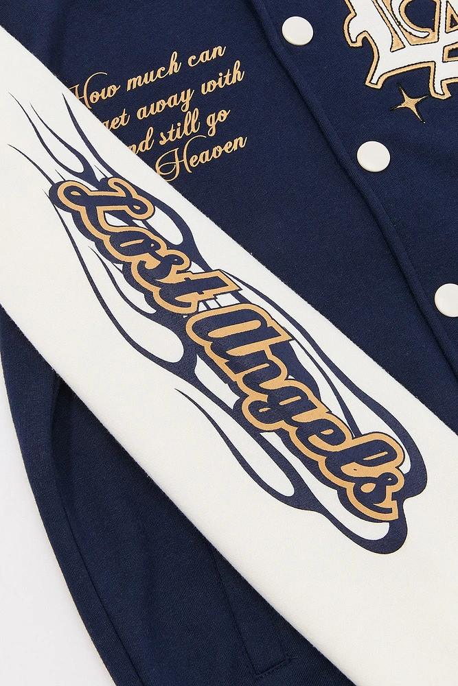 Kids Embroidered Graphic Fleece Varsity Jacket