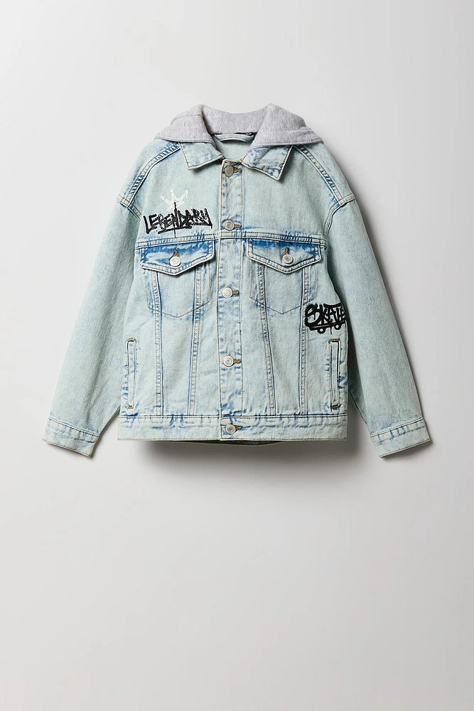 Blouson à capuchon imprimé en denim pour garçon