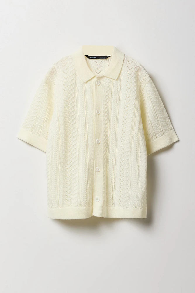 Boys Patterned Open Knit Button-Up Top