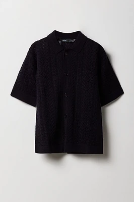 Boys Patterned Open Knit Button-Up Top