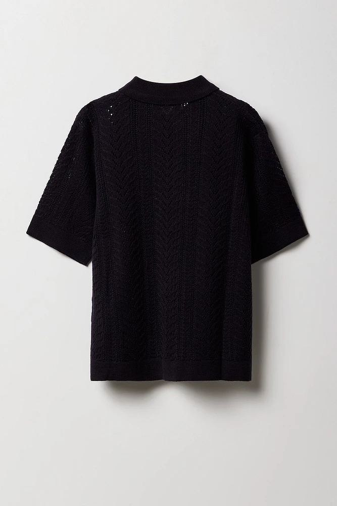 Boys Patterned Open Knit Button-Up Top