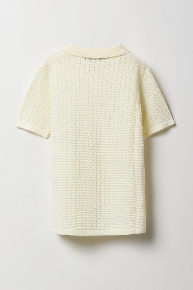 Boys Open Knit Button-Up Top