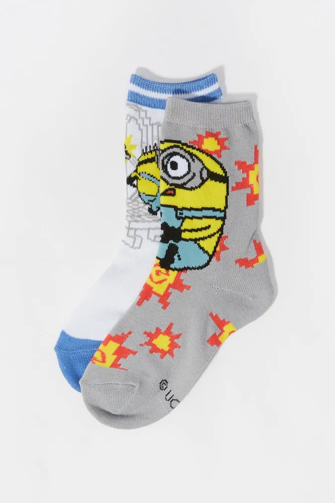 Boys Minion Graphic Crew Socks (2 Pack)