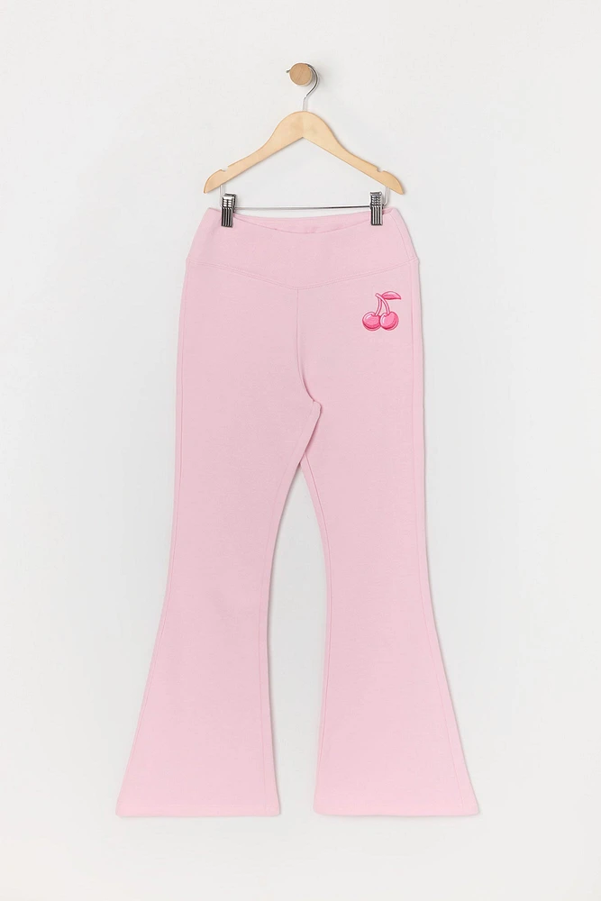 Pantalon à jambe évasée en molleton avec motif brodé Cerise pour fille