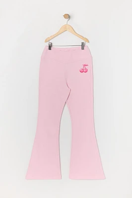 Pantalon à jambe évasée en molleton avec motif brodé Cerise pour fille