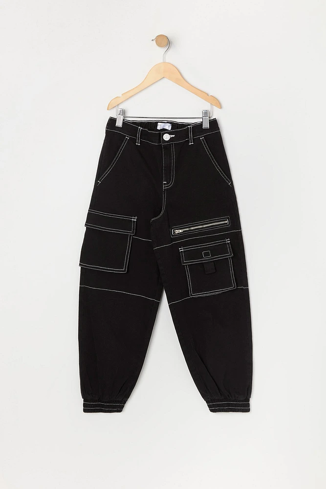 Girls Contrast Stitch Zipper Cargo Jogger