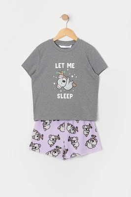 Girls Koala Graphic T-Shirt and Plush Short 2 Piece Pajama Set