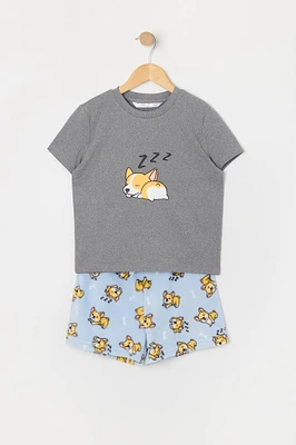 Ensemble pyjama avec t-shirt et short en peluche à imprimé Corgi pour fille