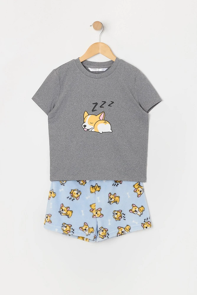 Girls Corgi Graphic T-Shirt and Plush Short 2 Piece Pajama Set