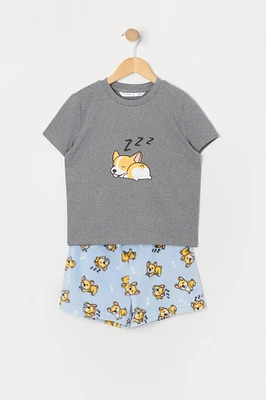 Girls Corgi Graphic T-Shirt and Plush Short 2 Piece Pajama Set