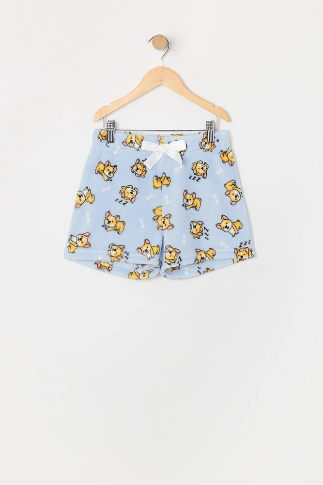 Ensemble pyjama avec t-shirt et short en peluche à imprimé Corgi pour fille