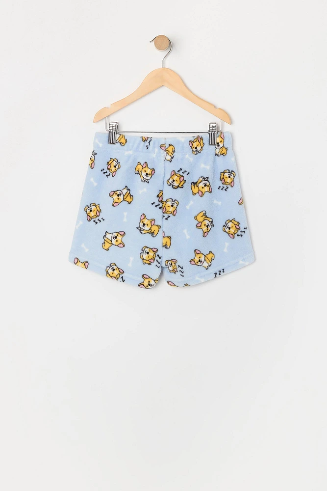 Ensemble pyjama avec t-shirt et short en peluche à imprimé Corgi pour fille