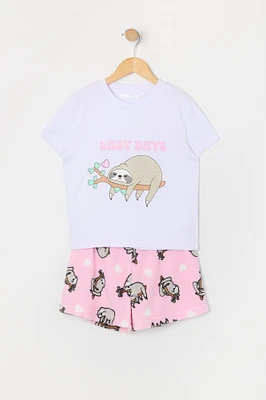 Girls Sloth Graphic T-Shirt and Plush Short 2 Piece Pajama Set