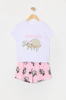 Ensemble pyjama avec t-shirt et short en peluche à imprimé Paresseux pour fille