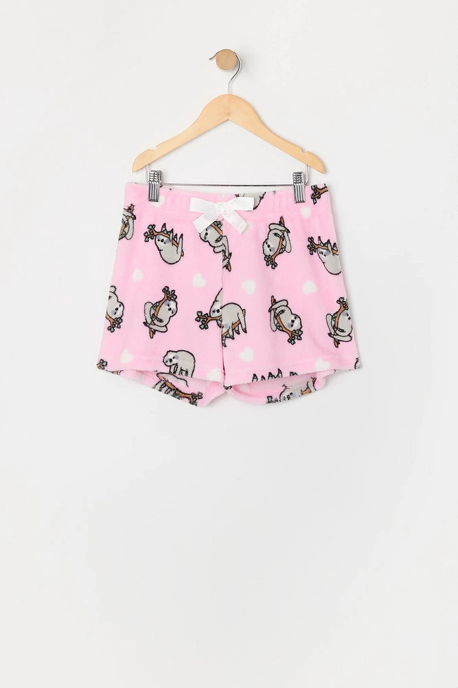 Ensemble pyjama avec t-shirt et short en peluche à imprimé Paresseux pour fille