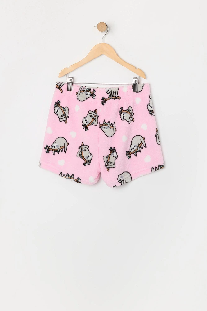 Ensemble pyjama avec t-shirt et short en peluche à imprimé Paresseux pour fille