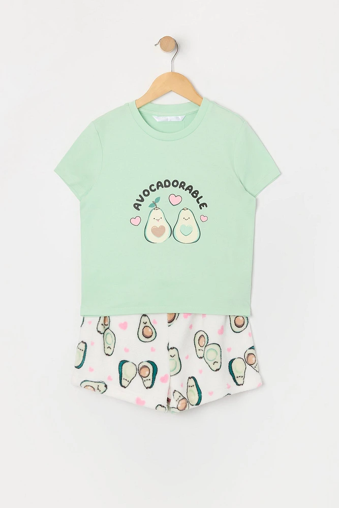 Girls Avocado Graphic T-Shirt and Plush Short 2 Piece Pajama Set