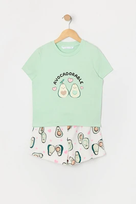 Girls Avocado Graphic T-Shirt and Plush Short 2 Piece Pajama Set