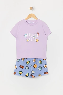 Ensemble pyjama avec t-shirt et short en peluche à imprimé Déjeuner pour fille