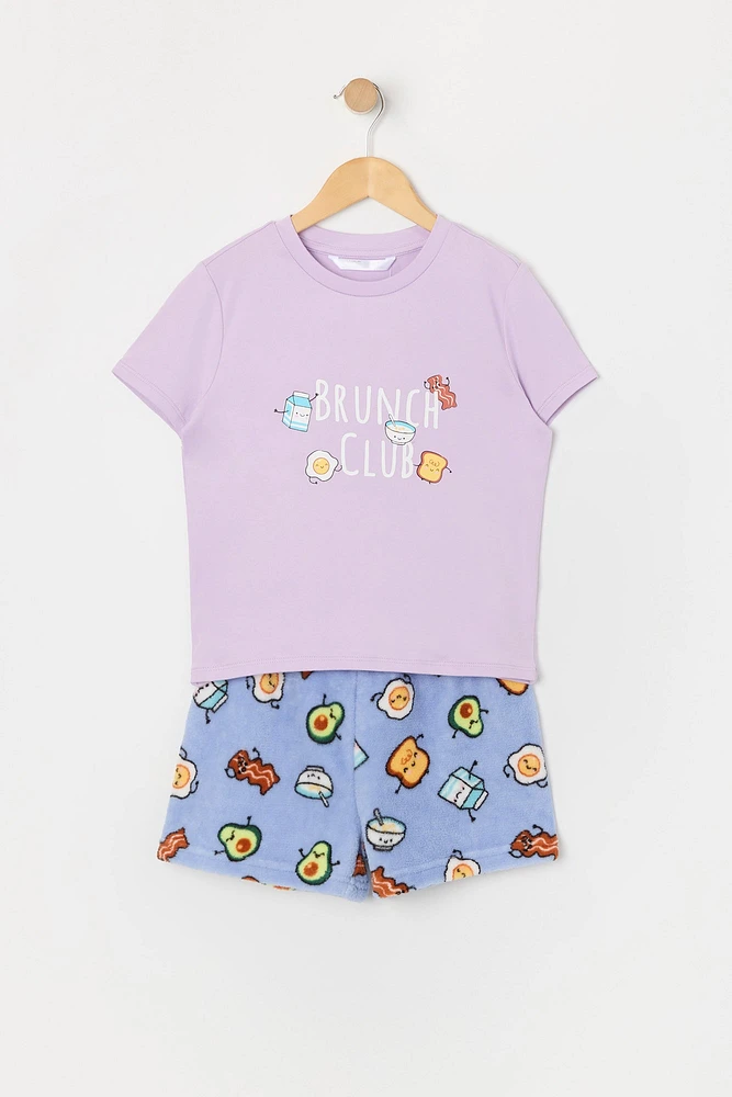 Girls Breakfast Graphic T-Shirt and Plush Short 2 Piece Pajama Set