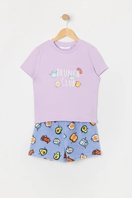 Girls Breakfast Graphic T-Shirt and Plush Short 2 Piece Pajama Set