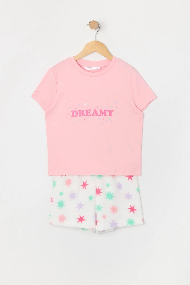 Girls Dreamy Graphic T-Shirt and Plush Short 2 Piece Pajama Set