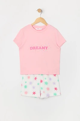 Girls Dreamy Graphic T-Shirt and Plush Short 2 Piece Pajama Set