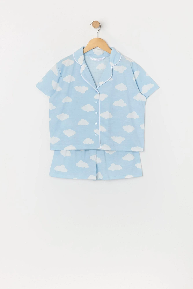 Girls Cloud Print Button-Up Top and Short 2 Piece Pajama Set