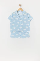 Girls Cloud Print Button-Up Top and Short 2 Piece Pajama Set