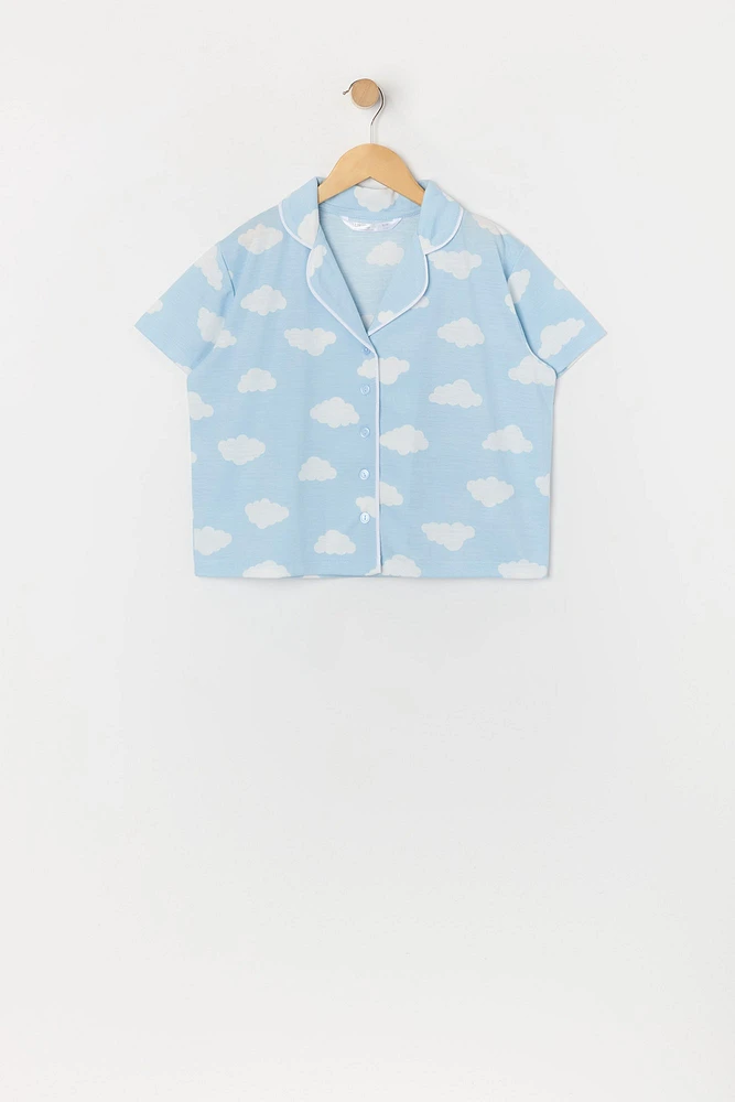 Girls Cloud Print Button-Up Top and Short 2 Piece Pajama Set