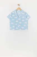 Girls Cloud Print Button-Up Top and Short 2 Piece Pajama Set