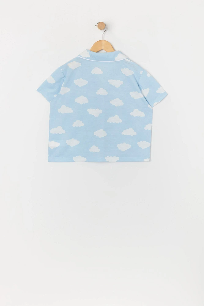 Girls Cloud Print Button-Up Top and Short 2 Piece Pajama Set