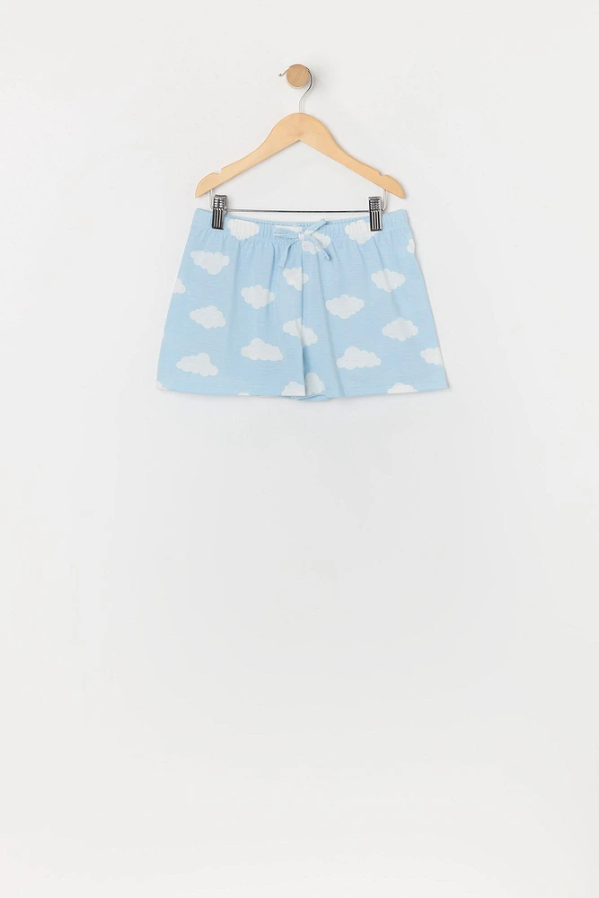 Girls Cloud Print Button-Up Top and Short 2 Piece Pajama Set