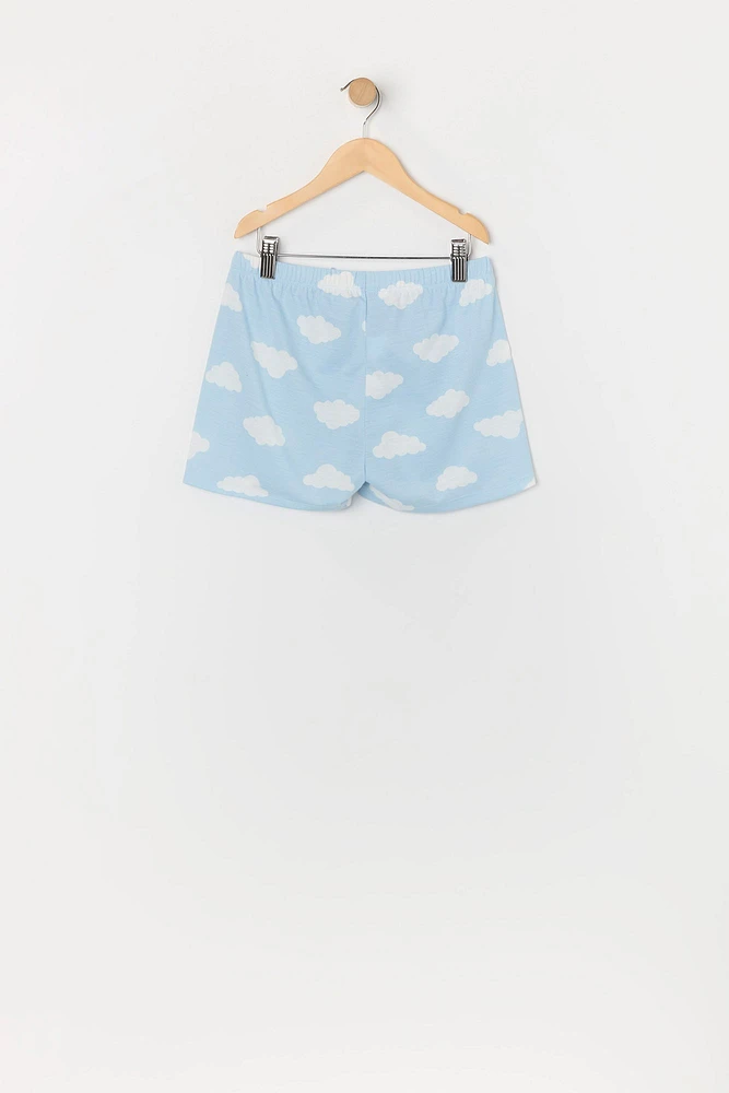 Girls Cloud Print Button-Up Top and Short 2 Piece Pajama Set