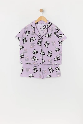 Girls Panda Print Button-Up Top and Short 2 Piece Pajama Set