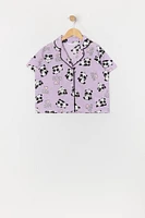 Girls Panda Print Button-Up Top and Short 2 Piece Pajama Set