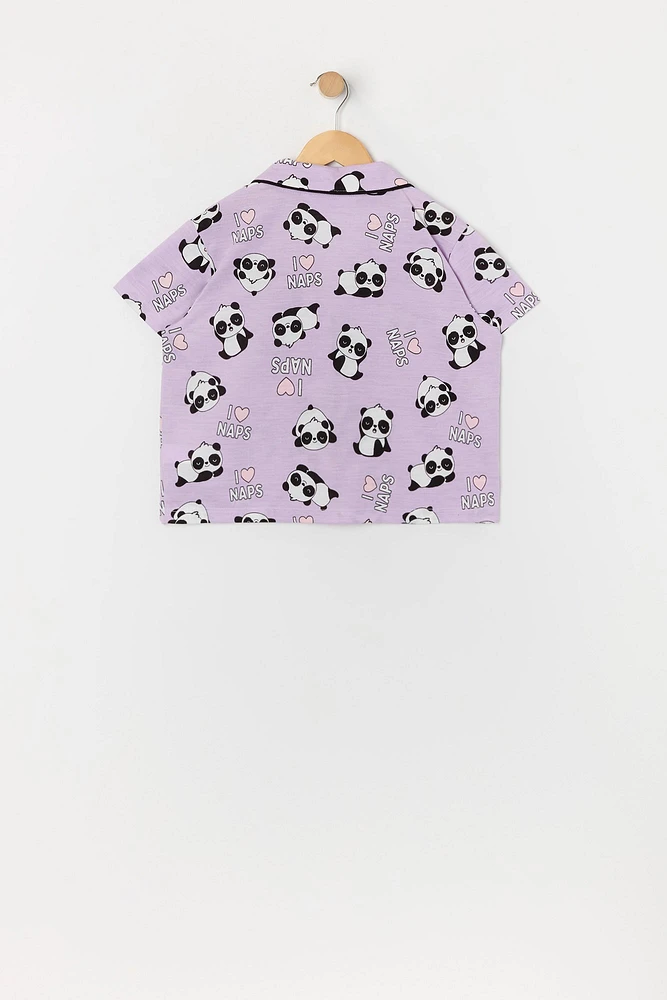 Girls Panda Print Button-Up Top and Short 2 Piece Pajama Set