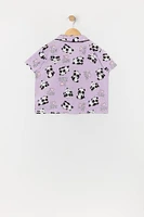 Girls Panda Print Button-Up Top and Short 2 Piece Pajama Set