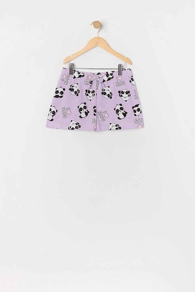 Girls Panda Print Button-Up Top and Short 2 Piece Pajama Set