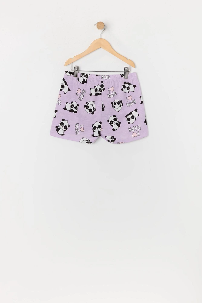 Girls Panda Print Button-Up Top and Short 2 Piece Pajama Set