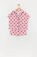 Girls Heart Print Button-Up Top and Short 2 Piece Pajama Set