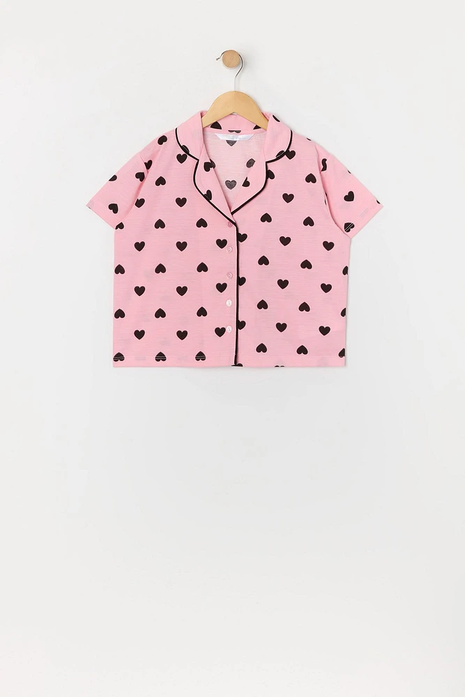 Girls Heart Print Button-Up Top and Short 2 Piece Pajama Set