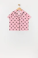 Girls Heart Print Button-Up Top and Short 2 Piece Pajama Set