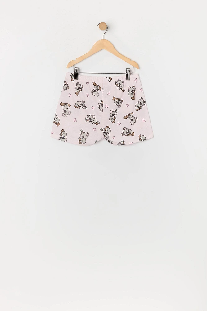 Girls Koala Print Button-Up Top and Short 2 Piece Pajama Set