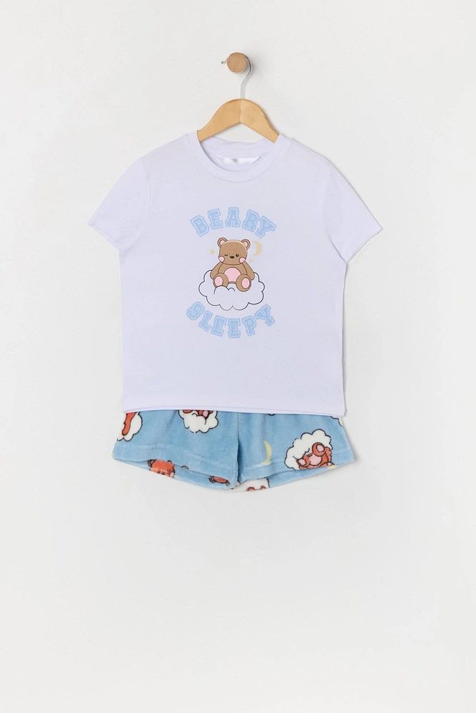 Girls Beary Sleepy Graphic T-Shirt and Short 2 Piece Pajama Set