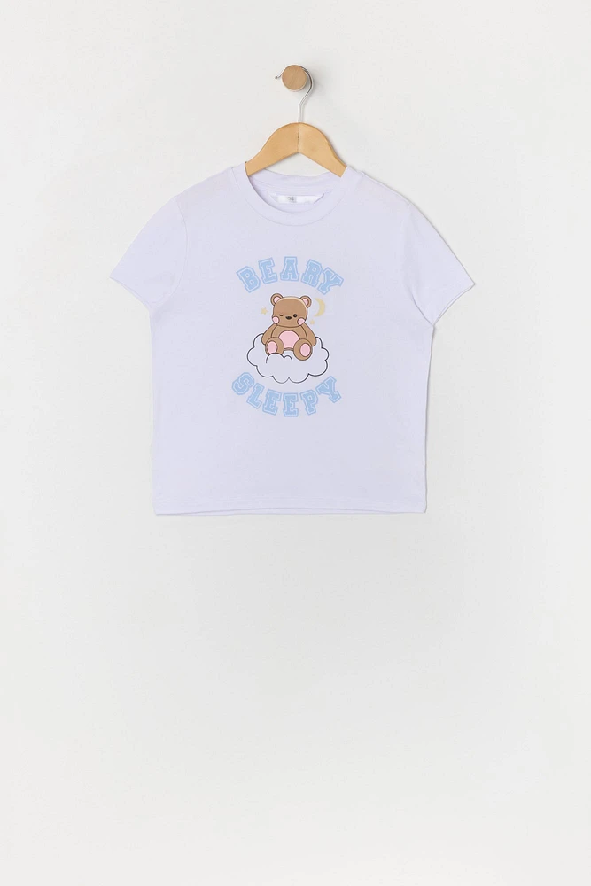 Girls Beary Sleepy Graphic T-Shirt and Short 2 Piece Pajama Set