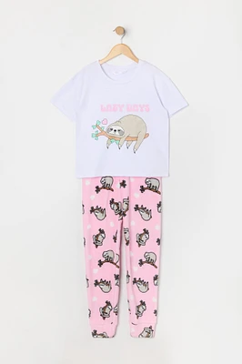 Ensemble pyjama avec t-shirt et pantalon en peluche à imprimé Paresseux pour fille