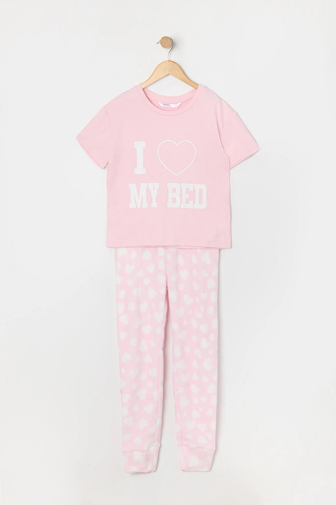 Ensemble pyjama avec t-shirt et pantalon en peluche à imprimé Love My Bed pour fille